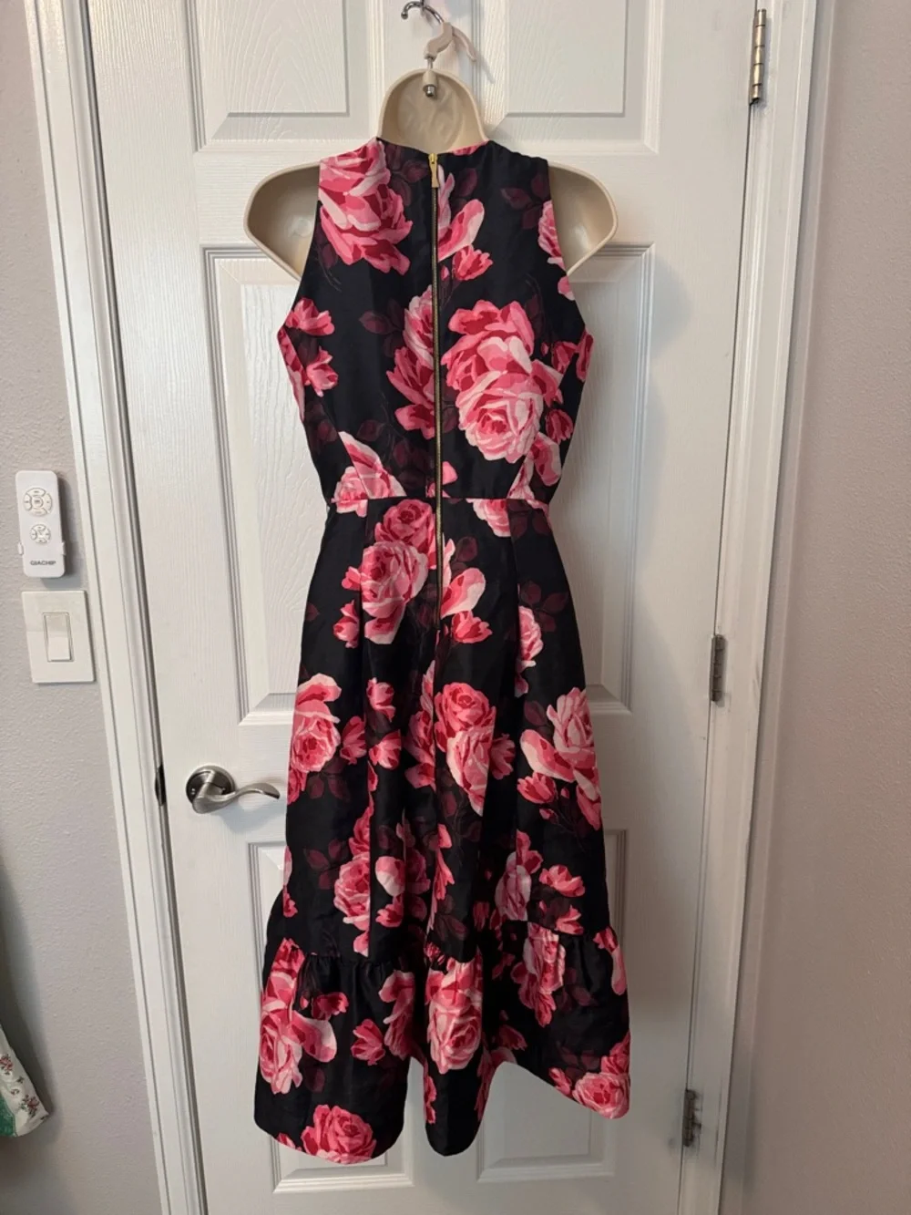 Kate Spade Black Floral Midi Dress with Pink Rose Print. - Picture 5 of 6